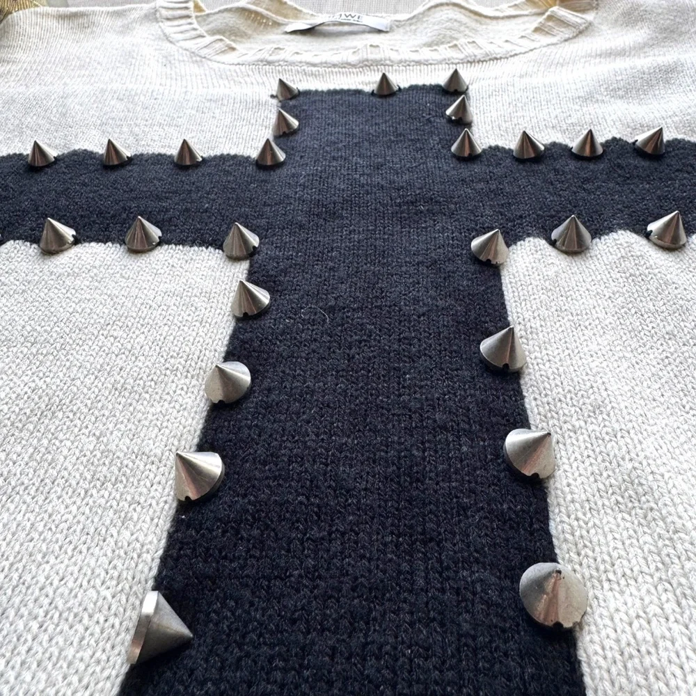 ROMWE off white studded cross sweater lightweight knit long sleeve